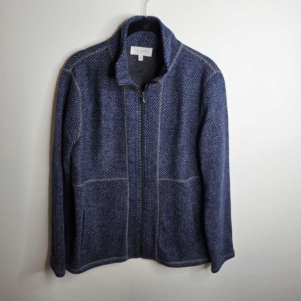 T by Talbots Fleece Jacket Womens Large Herringbone Full Zip Blue